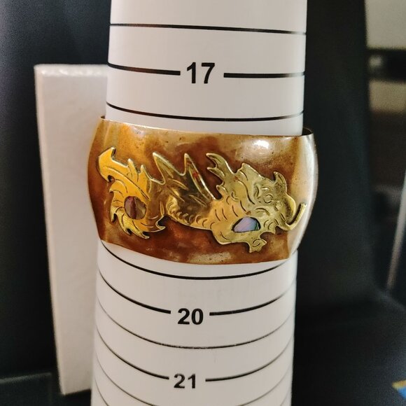 Dragon Mexican Copper Cuff Bracelet MCM Vintage Brass Dragon Abalone 1 Inch Wide - Picture 7 of 12